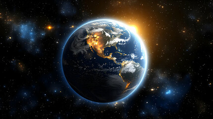 Obraz premium Planet Earth with the Americas, city lights, and a rising sun.