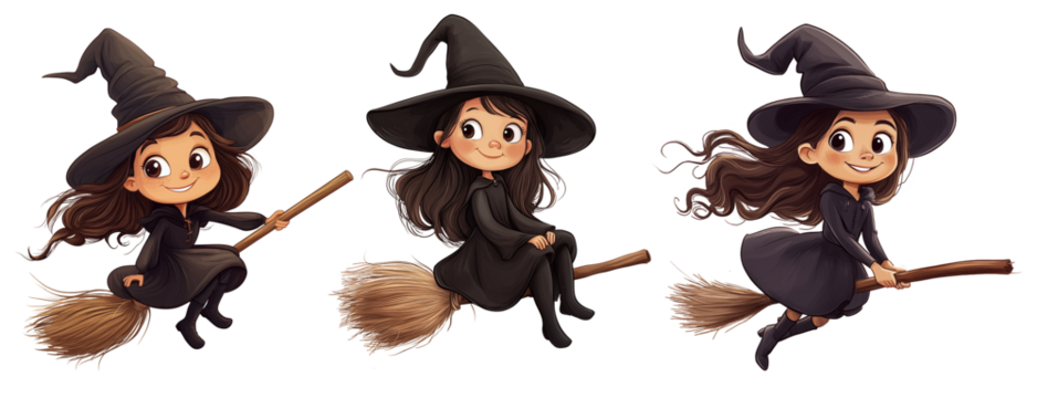 Cartoon illustration cute young witch flying on a broom on transparent background. PNG