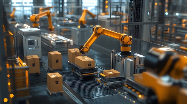 A high-tech factory floor with robotic arms neatly arranged, carrying out precise cardboard packaging in an industrial setting. The scene is captured from above, showcasing the advanced technology