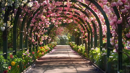 A landscaped walk lined by full blooming flowers