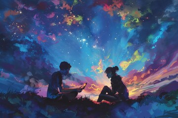 A stunning silhouette of two people under a vibrant night sky filled with colorful clouds and stars, evoking a sense of wonder and connection.