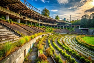 Echoes of History: Abandoned stadium, crumbling walls, overgrown grass, faded glory, nostalgic atmosphere, haunting beauty, sense of timelessness.