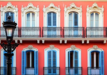 Fototapeta premium A building with ornate balconies and colorful walls.