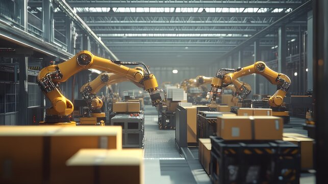 A high-tech factory floor with robotic arms neatly arranged, carrying out precise cardboard packaging in an industrial setting. The scene is captured from above, showcasing the advanced technology
