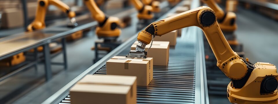 A high-tech factory floor with robotic arms neatly arranged, carrying out precise cardboard packaging in an industrial setting. The scene is captured from above, showcasing the advanced technology