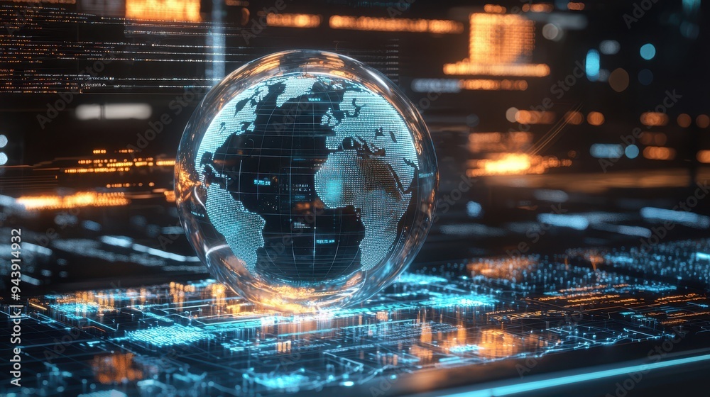 Poster A glowing digital globe in a high-tech cyber environment, symbolizing global connectivity, data networks, and digital communication.

