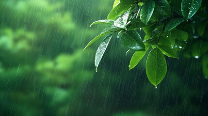 Peaceful rain shower on vibrant green forest, calm weather, natural harmony, 3D illustration