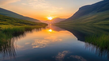 Fototapeta premium The setting sun casts a warm glow over mountains, perfectly reflected in the still waters of a tranquil lake, capturing the beauty of nature.