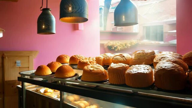 Freshly baked bread at a charming bakery with warm lighting in cozy interior