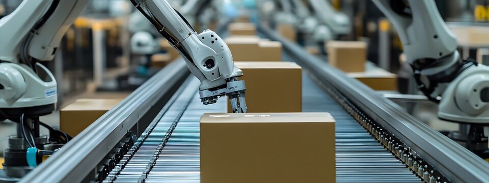 A high-tech factory floor with robotic arms neatly arranged, carrying out precise cardboard packaging in an industrial setting. The scene is captured from above, showcasing the advanced technology