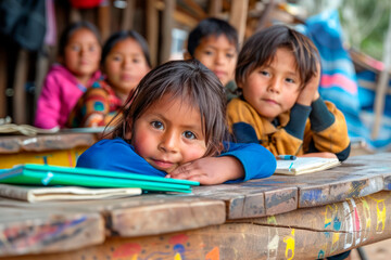 Fototapeta premium Asian children from impoverished neighborhoods participating in educational programs, engaged faces, diverse learning materials, inspiring atmosphere
