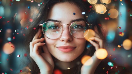 young woman enjoying the holiday under festive confetti, in the restaurant or cafe, close up portrait. Glamorous new years eve celebration, birthday or party concept. copy space.