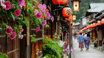 Traditional street lined with colorful flowers and lanterns, showcasing Japanese architecture and culture