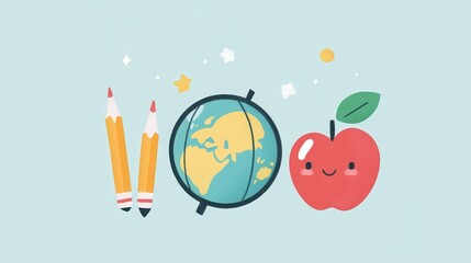Playful educational icons highlight pencils, a globe representing world knowledge, and a friendly apple, promoting learning and creativity