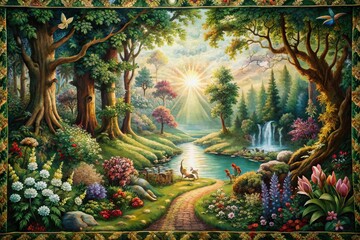 Fototapeta premium Enchanted Forest Tapestry: Lush, verdant forests with intricate details, dappled sunlight, and a whimsical atmosphere.