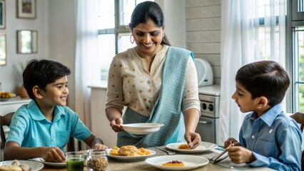 happy indian woman serving food to her son 