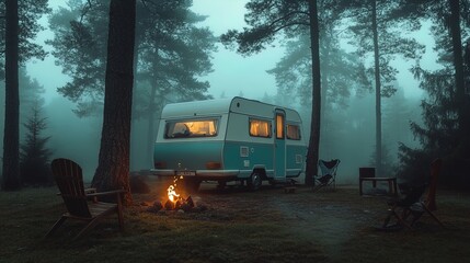 Serene Vintage Motorhome Camping Scene: Perfect Poster for Outdoor Enthusiasts - Embrace Nature with a Foggy Retreat, Rustic Chairs, and a Cozy Fire Under Tall Trees!