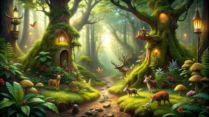 Fototapeta premium Enchanting Woodland Adventure: Lush greens and browns, mythical creatures, ethereal forest setting