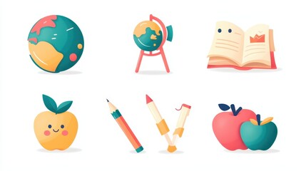 This collection features various lively educational icons including a globe, books, fruits, and writing tools designed for playful learning