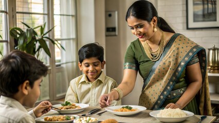 happy indian woman serving food to her son 