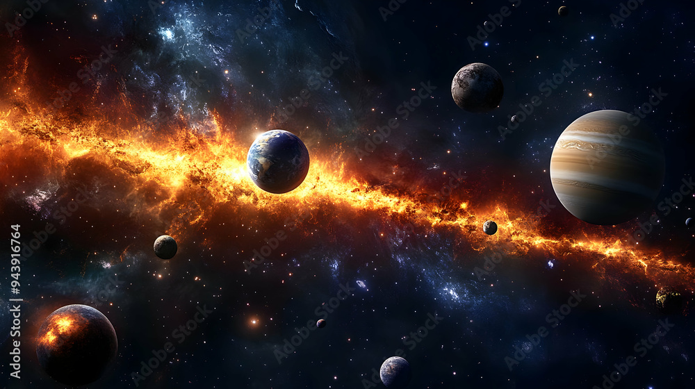Wall mural planets orbiting a fiery nebula with a blue and orange galaxy in the background.
