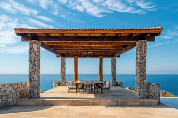 Fototapeta premium The gazebo is made from wood and has roofed area for seating