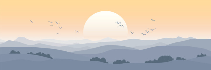 Minimalistic mountain landscape, morning light and sun, vector illustration, panoramic view	