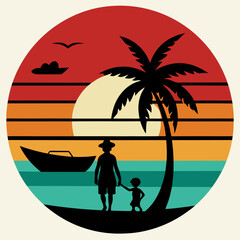 Retro Sunset Vector Palm Tree, Boat, and Silhouettes for T-Shirt Design
