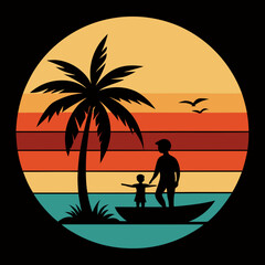 Retro Sunset Vector Palm Tree, Boat, and Silhouettes for T-Shirt Design