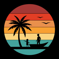 Retro Sunset Vector Palm Tree, Boat, and Silhouettes for T-Shirt Design