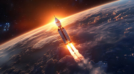 Fototapeta premium Rocket Launch into Space with Earth and Stars in Background.