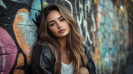 Fototapeta premium Urban Portrait of a Young Woman - Street Style and Graffiti Art