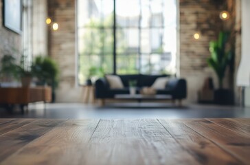 Fototapeta premium Wooden Tabletop in a Blurred Loft Interior