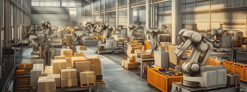 A high-tech factory floor with robotic arms neatly arranged, carrying out precise cardboard packaging in an industrial setting. The scene is captured from above, showcasing the advanced technology