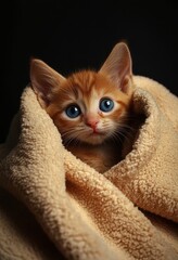 A kitten peeks from a towel.