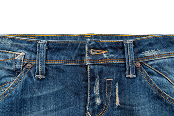 Jeans on a white background close-up. Isolate of a part of jeans