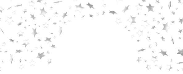Abstract pattern of random falling silver stars on white background.