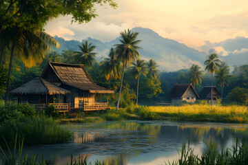 Fototapeta premium Charming summer house by the serene lake and river, reflecting nature's beauty in a picturesque village setting