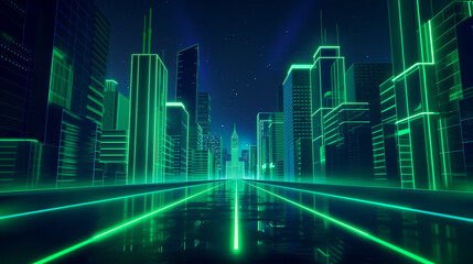 Fototapeta premium The Night city street with road and green neon, game background, Illustration