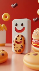 Playful collection of food icons displaying cheerful characters, including cookies, donuts, and burgers, set against a bright backdrop