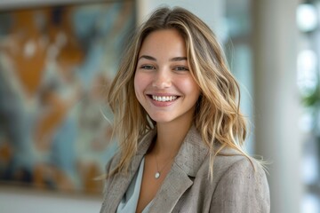 Happy businesswoman smiling at the camera in an office lobby, Generative AI