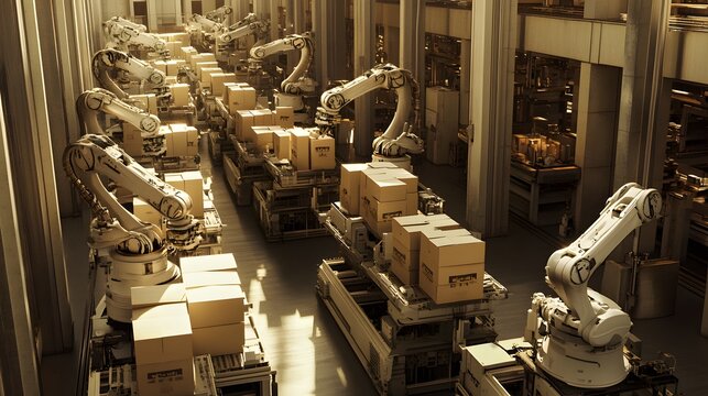 A high-tech factory floor with robotic arms neatly arranged, carrying out precise cardboard packaging in an industrial setting. The scene is captured from above, showcasing the advanced technology