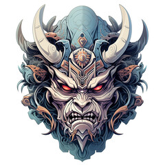 A detailed illustration of a Japanese demon mask with intricate details and a fierce expression.