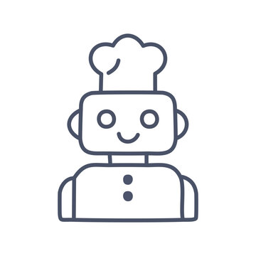 Happy chef robot icon. A hand-drawn robot wearing a chef hat with a smile, hinting at the future of cooking and automation.
