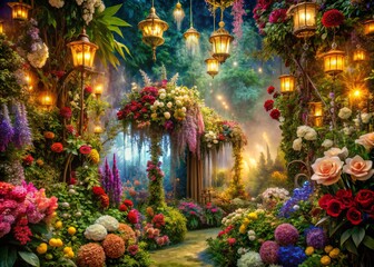 Floral Fantasies: Exuberant gardens, blooming with intricate flowers, lush foliage, and ethereal lighting.