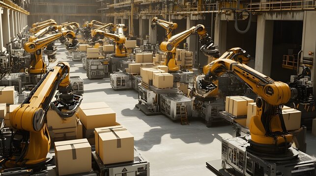 A high-tech factory floor with robotic arms neatly arranged, carrying out precise cardboard packaging in an industrial setting. The scene is captured from above, showcasing the advanced technology