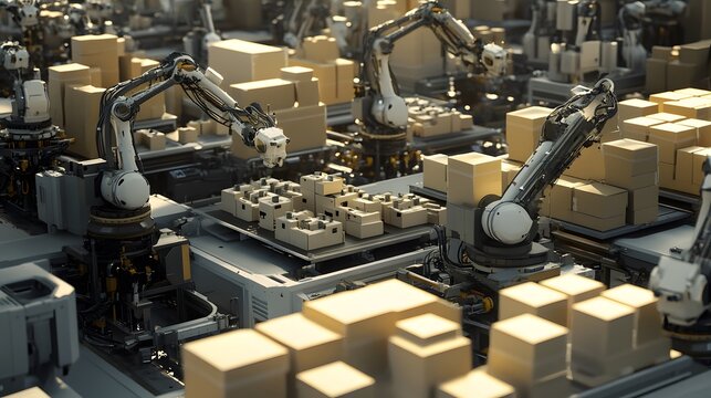 A high-tech factory floor with robotic arms neatly arranged, carrying out precise cardboard packaging in an industrial setting. The scene is captured from above, showcasing the advanced technology