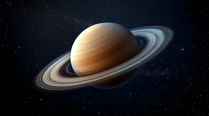 Saturn, a gas giant with prominent rings, in the vastness of space.