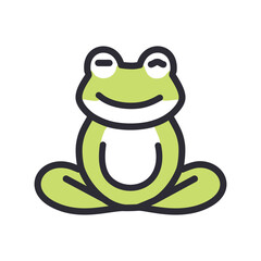 Happy frog sitting in meditation pose. A cute cartoon frog sits in a meditative pose with a peaceful smile, suggesting relaxation, tranquility, and mindfulness.