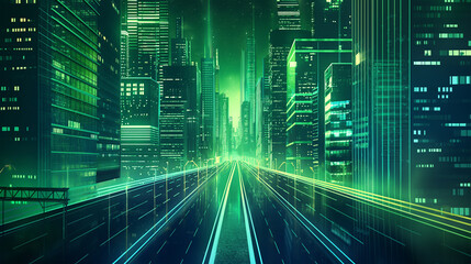 The Night city street with road and green neon, game background, Illustration
